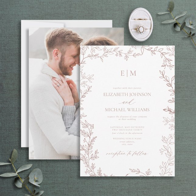 Elegant Dusty Rose Leaf Photo Monogram Wedding Invitation (Creator Uploaded)