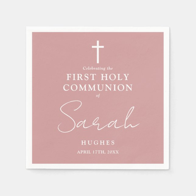 Elegant Dusty Rose Minimalist First Holy Communion Napkin (Front)