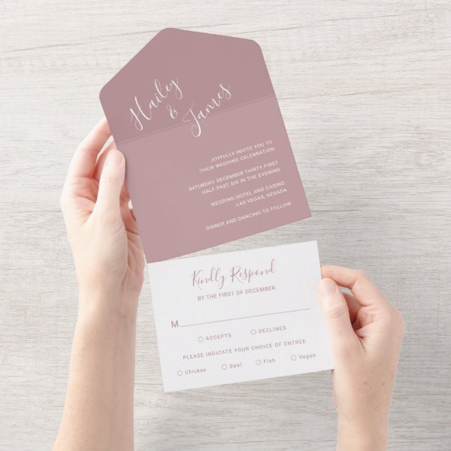 Elegant Dusty Rose Modern Wedding All In One Invitation (Tearaway)