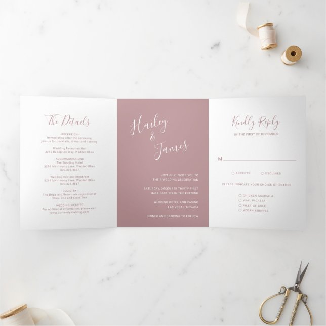Elegant Dusty Rose Modern Wedding Tri-Fold Invitation (Inside)