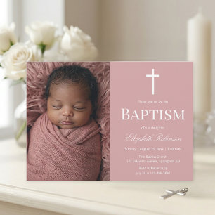 Elegant Dusty Rose Photo Baptism for Girl Invitation