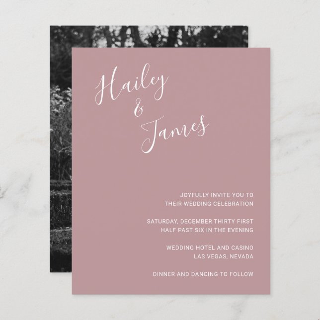 Elegant Dusty Rose Photo Budget Wedding Invite (Front/Back)