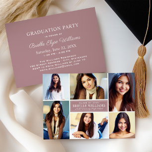 Elegant Dusty Rose Photo Collage Graduation Party Invitation