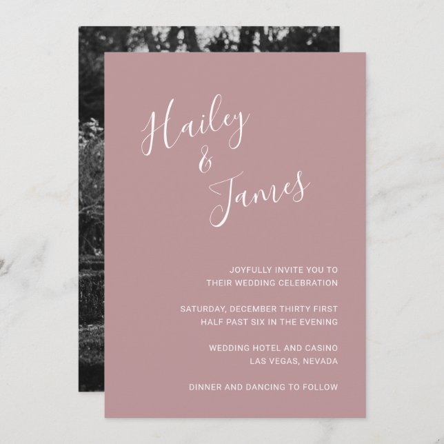 Elegant Dusty Rose Photo Modern Wedding Invitation (Front/Back)