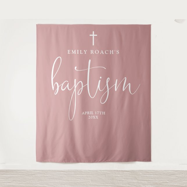 Elegant Dusty Rose Pink Baptism Photo Backdrop Tapestry (Front)