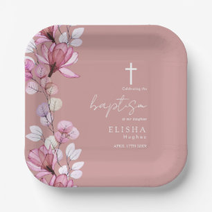 Elegant Dusty Rose Pink Elegant Floral Baptism Paper Plate