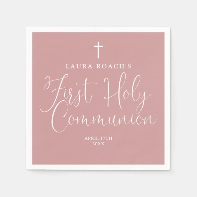 Elegant Dusty Rose Pink First Holy Communion Napkin (Front)