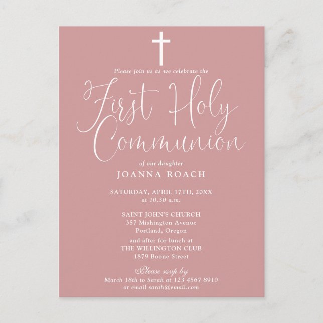 Elegant Dusty Rose Pink First Holy Communion Postcard (Front)