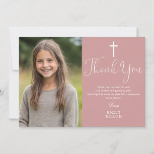 Elegant Dusty Rose Pink Photo First Holy Communion Thank You Card