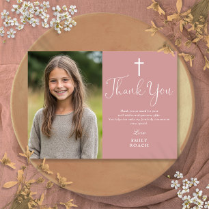 Elegant Dusty Rose Pink Photo First Holy Communion Thank You Card