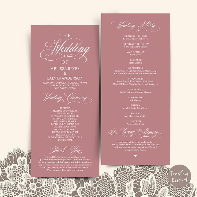 Elegant Dusty Rose Pink Script Wedding Ceremony Program (Elegant Dusty Rose Pink Script Wedding Ceremony Order Program Card)
