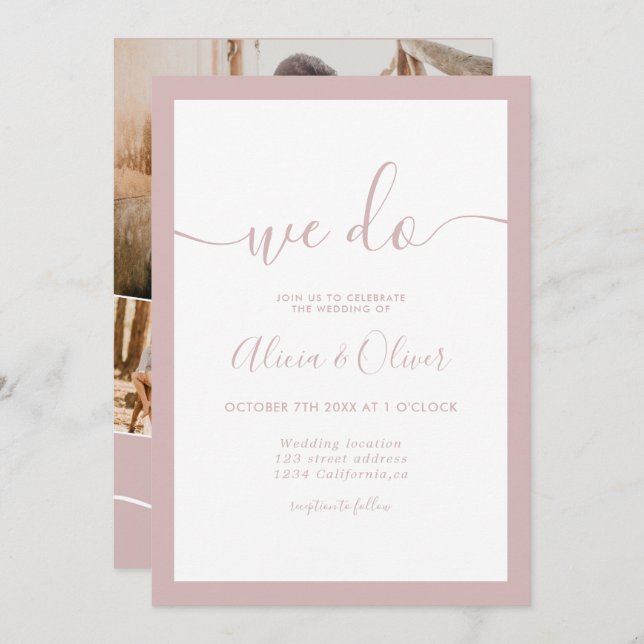 Elegant dusty rose script photo initials wedding invitation (Front/Back)