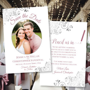 Elegant Dusty Rose & Silver Oval Photo Wedding Save The Date