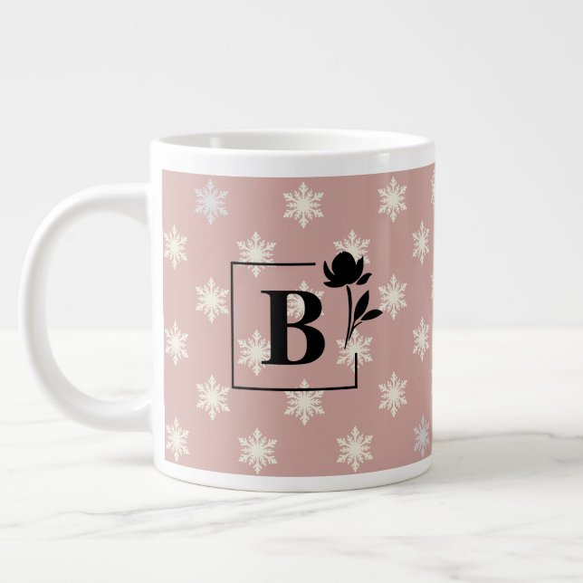 Elegant Dusty Rose Snowflake Monogram Mug (Left)