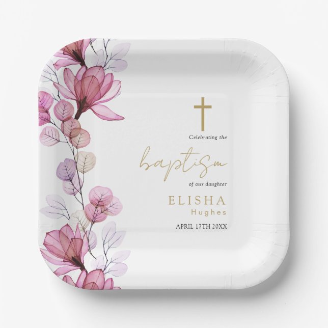 Elegant Dusty Rose Transparent Floral Baptism Paper Plate (Front)
