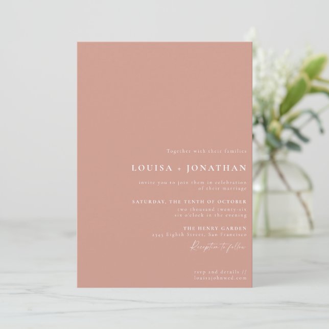 Elegant Dusty Rose Trendy Script Minimal Wedding Invitation (Standing Front)