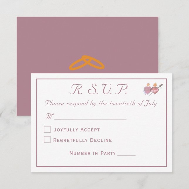 Elegant Dusty Rose Two Hearts Catholic Wedding  RSVP Card (Front/Back)