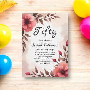 Elegant Dusty Rose Watercolor Floral 50th Birthday Invitation