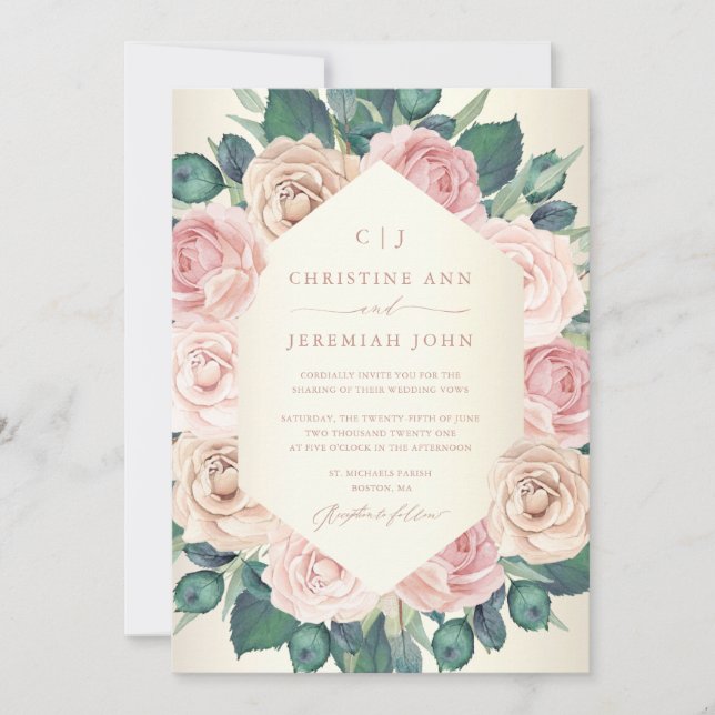 Elegant Dusty Rose Watercolor Floral Wedding Invitation (Front)