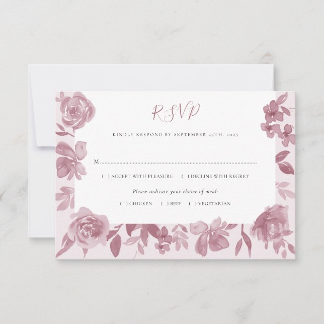 Elegant Dusty Rose Watercolor Floral Wedding RSVP Card (Front)