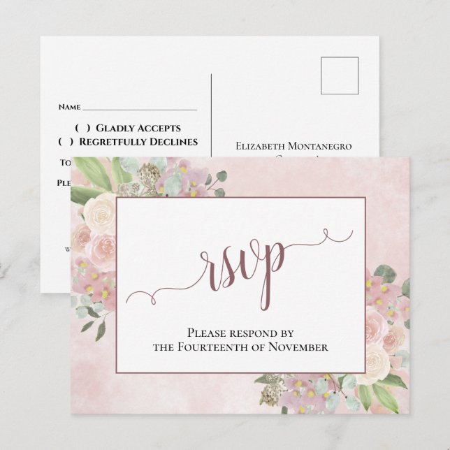 Elegant Dusty Rose Watercolor Floral Wedding RSVP Postcard (Front/Back)