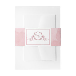 Elegant Dusty Rose Watercolor, Monogram Wedding Invitation Belly Band