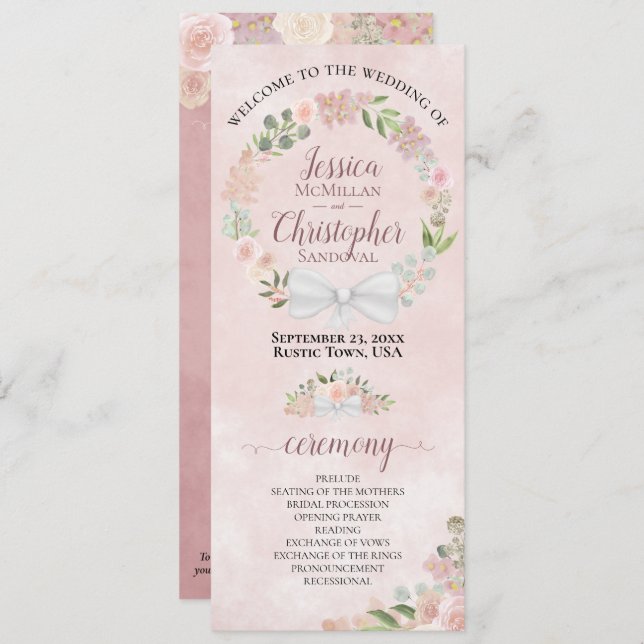Elegant Dusty Rose Watercolor Wreath Wedding Program (Front/Back)