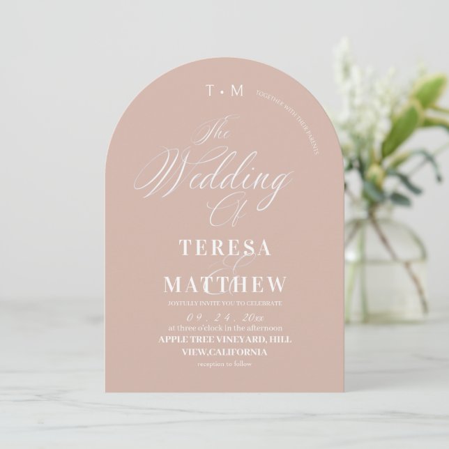 Elegant Dusty Rose & White Classic Script Wedding Invitation (Standing Front)