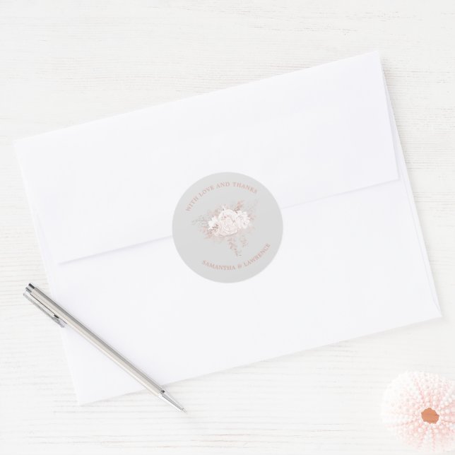 Elegant Dusty Rose White Floral Grey Wedding Classic Round Sticker (Envelope)