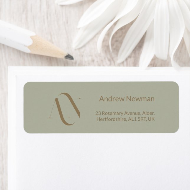 Elegant Dusty Sage and Gold Monogram  Return Address Label (Insitu)