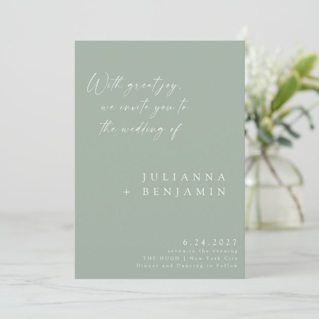Elegant Dusty Sage Minimalist Chic Script Wedding Invitation (Standing Front)