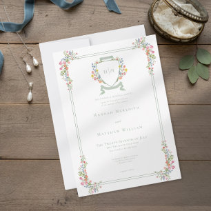 Elegant Dusty Sage Pastel Wildflower Crest Wedding Invitation