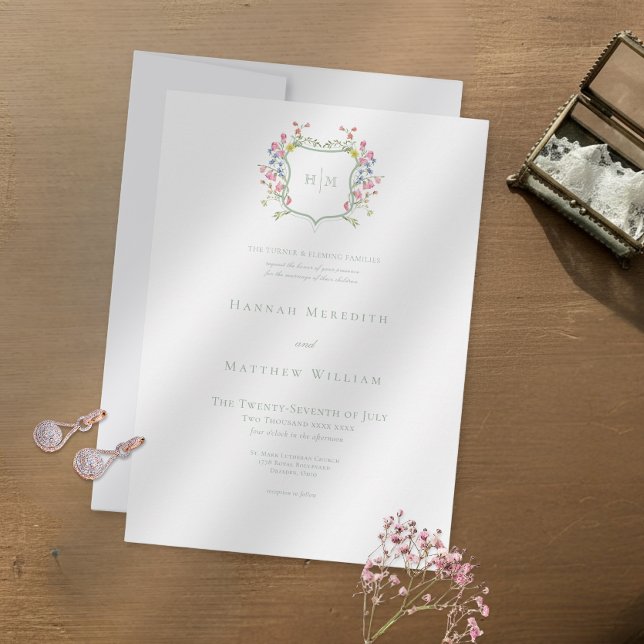 Elegant Dusty Sage Pastel Wildflower Crest Wedding Invitation (Creator Uploaded)