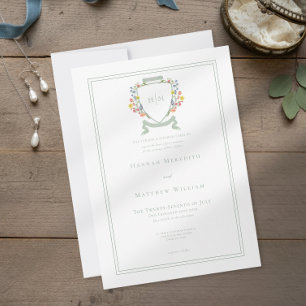 Elegant Dusty Sage Pastel Wildflower Crest Wedding Invitation