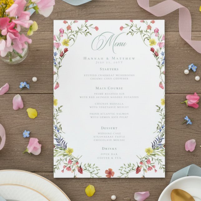 Elegant Dusty Sage Pastel Wildflower Crest Wedding Menu (Creator Uploaded)