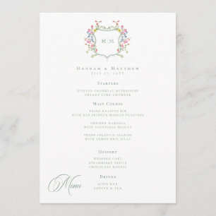 Elegant Dusty Sage Pastel Wildflower Crest Wedding Menu