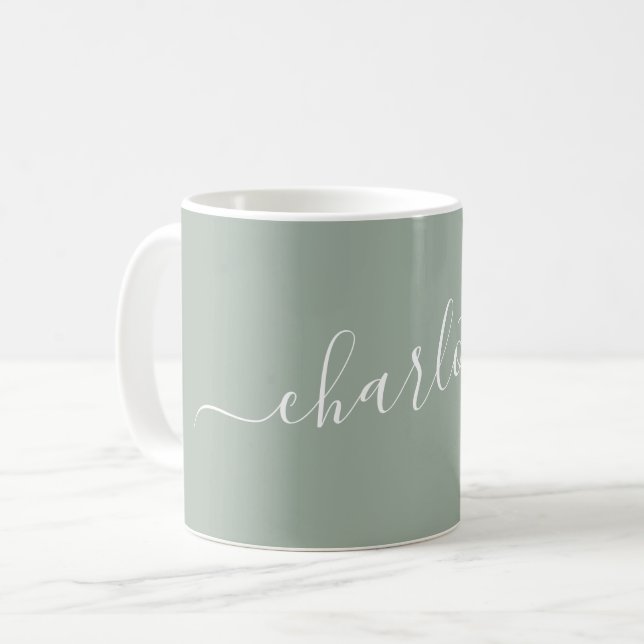Elegant Dusty Sage Script Modern Name Personalised Coffee Mug (Front Left)