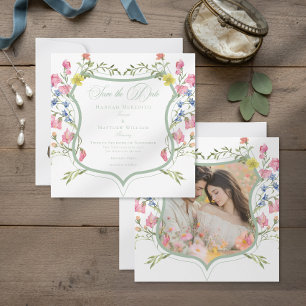 Elegant Dusty Sage Wildflower Crest Photo Wedding Save The Date