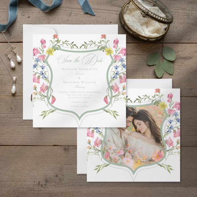 Elegant Dusty Sage Wildflower Crest Photo Wedding Save The Date (Creator Uploaded)