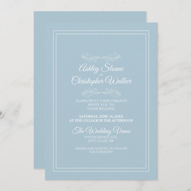 Elegant Dusty Sky Blue White Wedding Invitation (Front/Back)