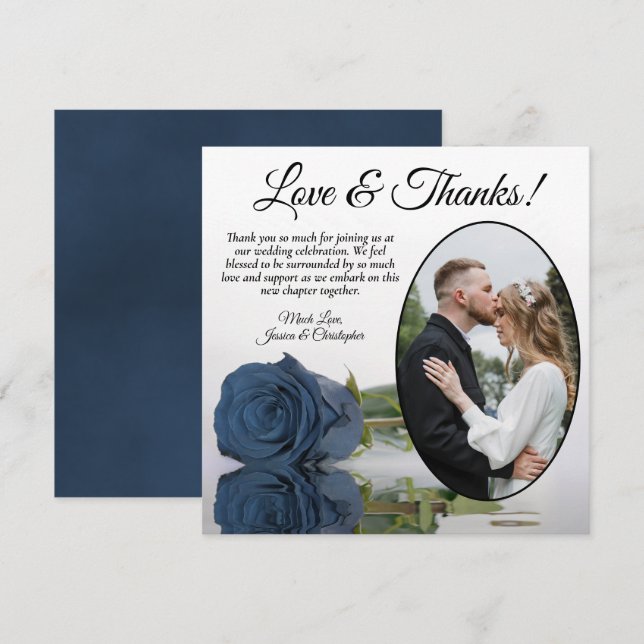 Elegant Dusty Steel Blue Rose Oval Photo Wedding Thank You Card (Front/Back)