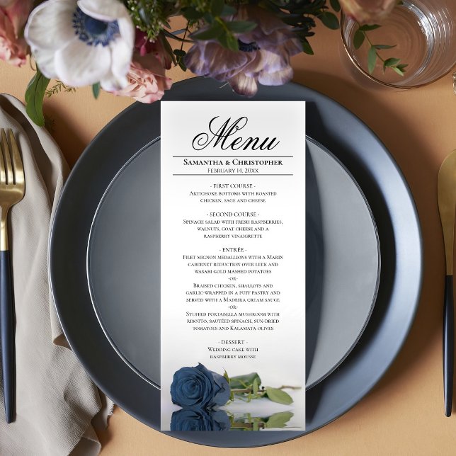 Elegant Dusty Steel Blue Rose Reflections Wedding Menu (In Situ on Plate)