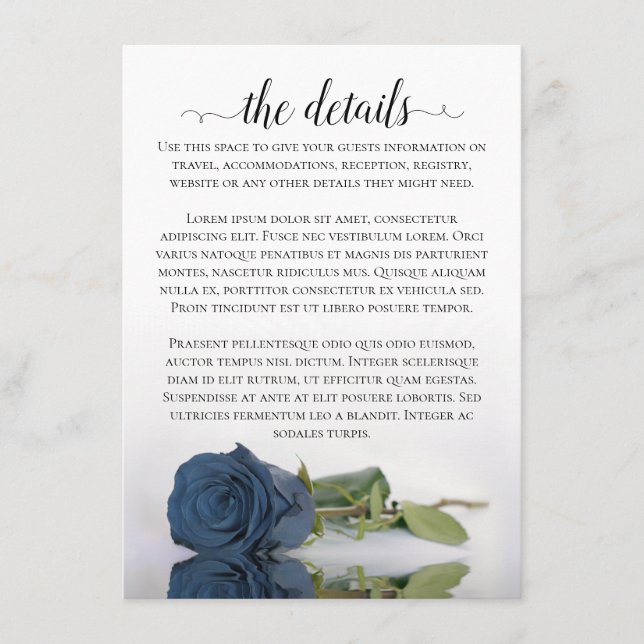 Elegant Dusty Steel Blue Rose Wedding Details Enclosure Card (Front)