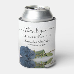 Elegant Dusty Steel Blue Rose Wedding Thank You Can Cooler