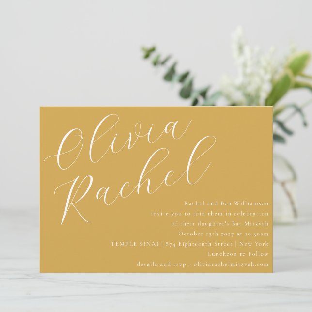 Elegant Dusty Yellow Script Minimal Bat Mitzvah Invitation (Standing Front)