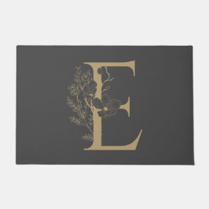 Elegant E Boho Floral Monogram Initial Grey Gold Doormat