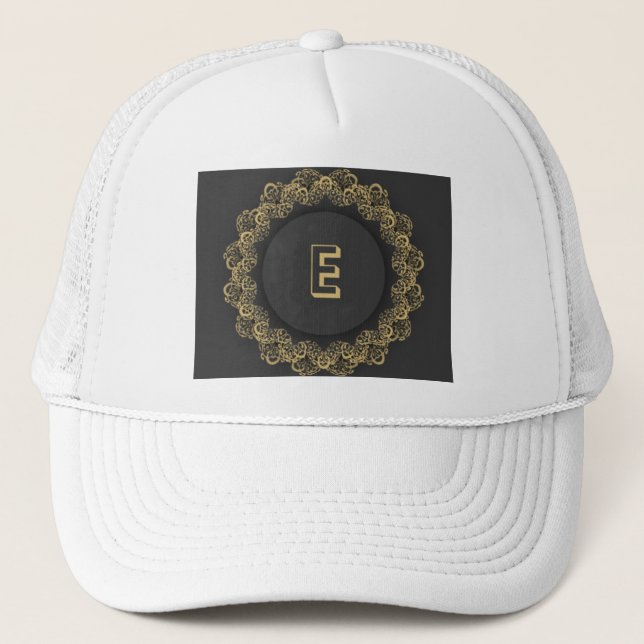 Elegant E Initial Letter Image Printed White-Cap  Trucker Hat (Front)