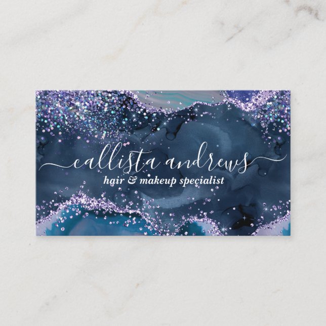 Elegant Earth Blue Agate Glitter Marble Watercolor Business Card (Front)