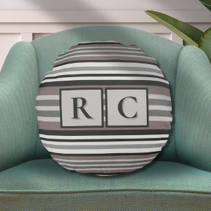 Elegant Earth Tone Brown Savannah Stripes Monogram Round Cushion