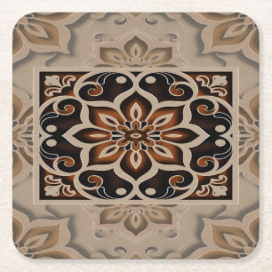 Elegant Earth-Tone Floral Mandala Design Square Paper Coaster